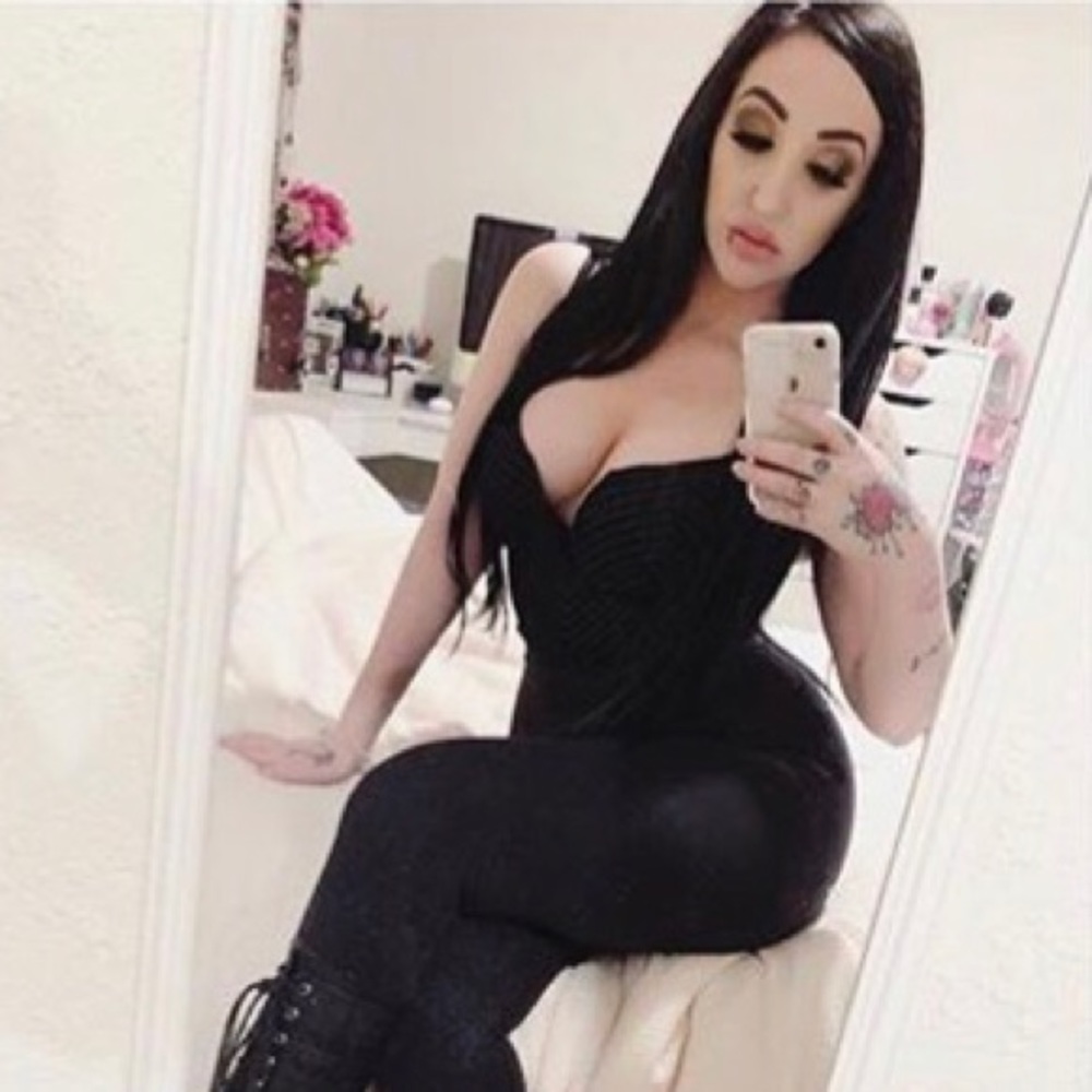 Pinstripe, black bodysuit with sweetheart neckline